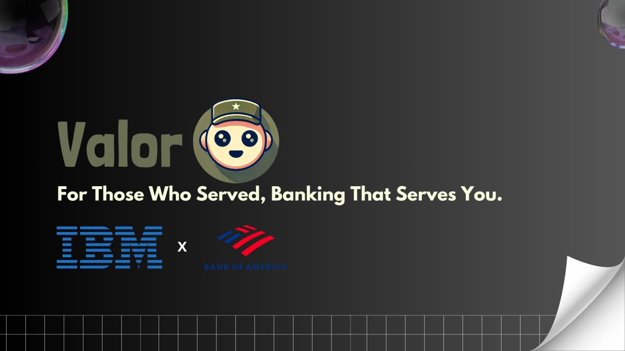 Valor pitch deck title slide: For Those Who Served, Banking That Serves You